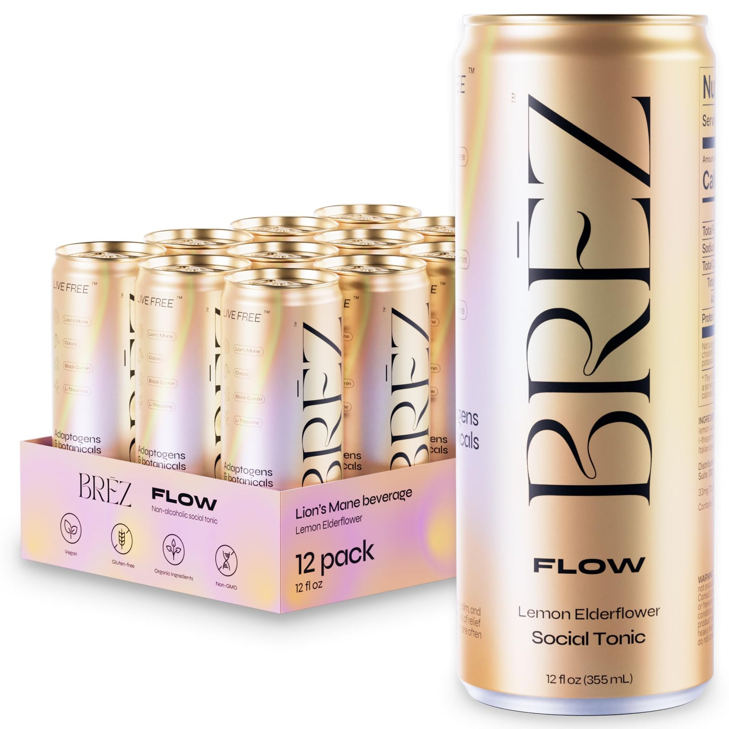 BRĒZ FLOW Lion’s Mane Drink, 12 Pack — Lemon Elderflower (Non-Alcoholic)