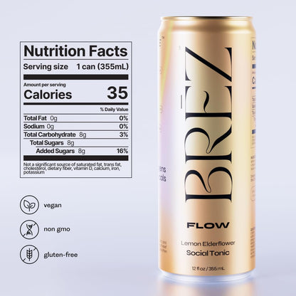 BRĒZ FLOW Lion’s Mane Drink, 12 Pack — Lemon Elderflower (Non-Alcoholic)