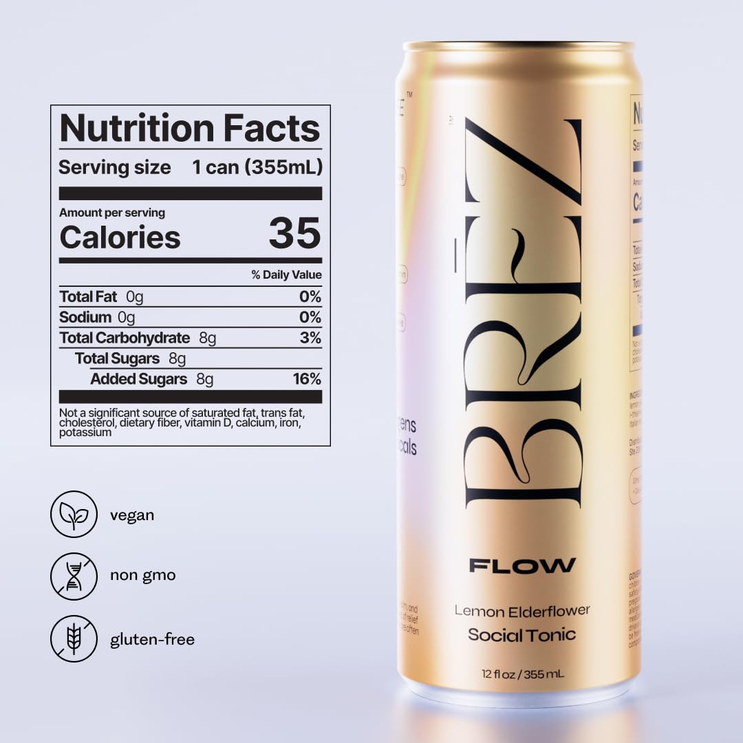 BRĒZ FLOW Lion’s Mane Drink, 12 Pack — Lemon Elderflower (Non-Alcoholic)