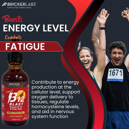Bricker Labs B-12 Blast Liquid Vitamin B12 & Folic Acid – Energy Support, Raspberry Flavor, 2 fl oz