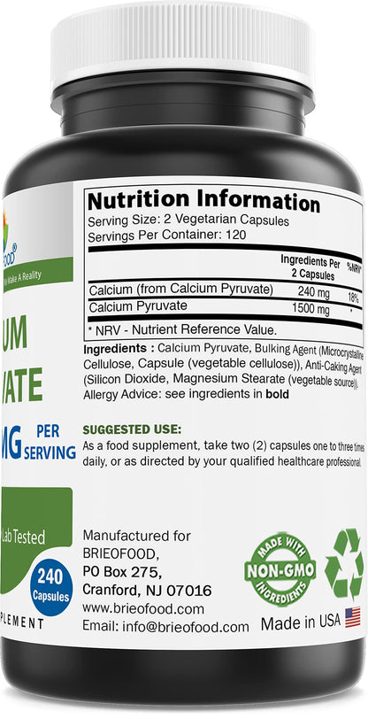 Brieofood Calcium Pyruvate 1500mg per Serving – 240 Vegetarian Capsules (2-Pack)