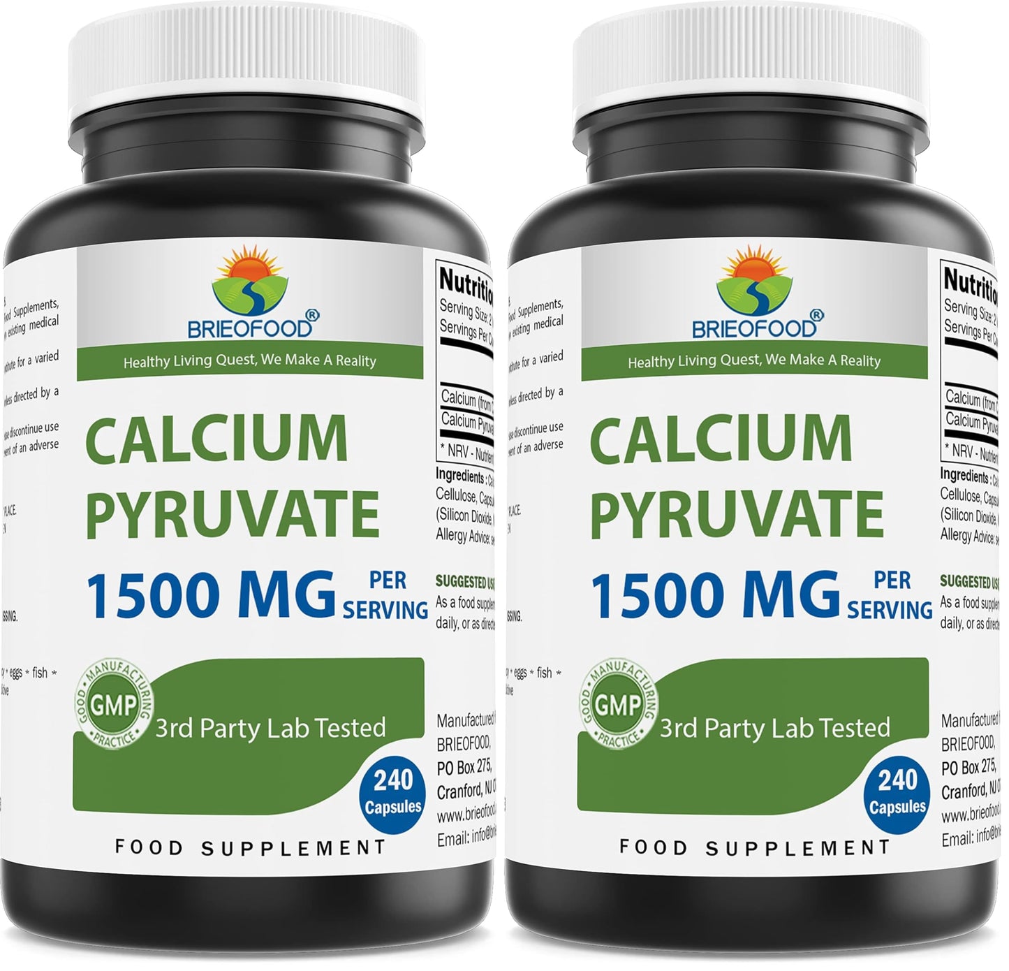 Brieofood Calcium Pyruvate 1500mg per Serving – 240 Vegetarian Capsules (2-Pack)