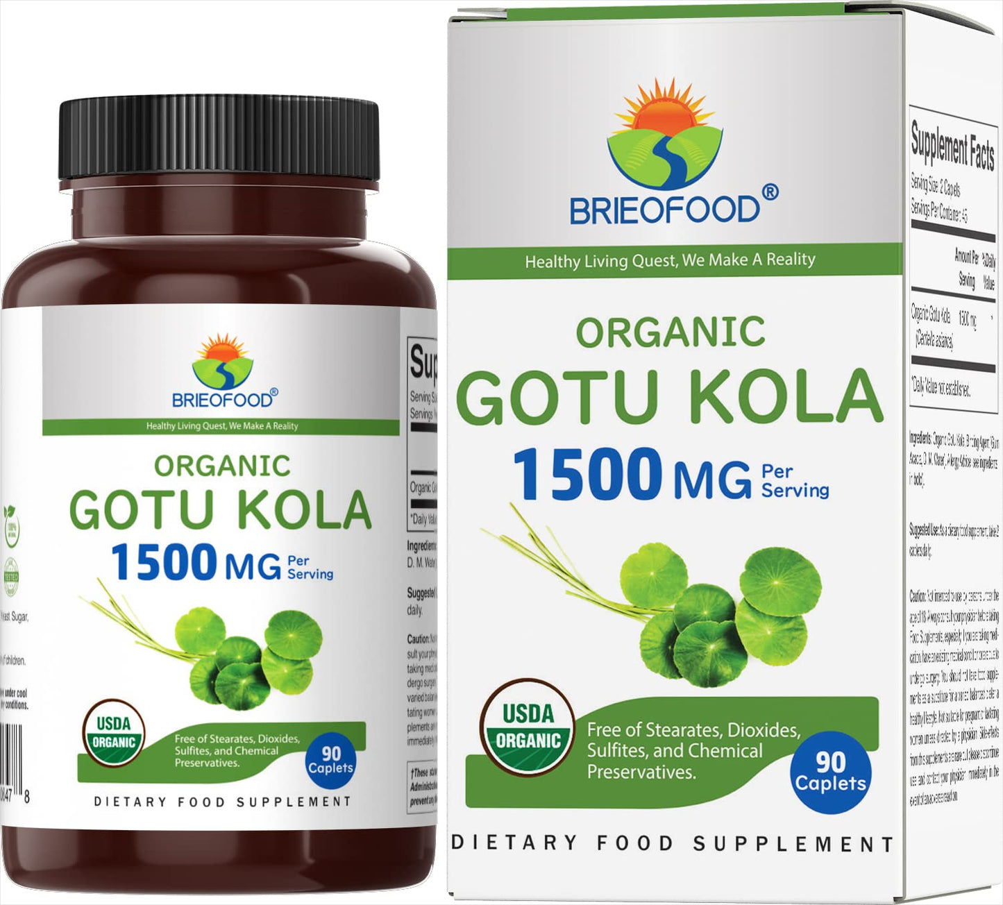 Brieofood Organic Gotu Kola 1500mg – 45 Servings – Vegetarian, Gluten Free, 90 Tablets