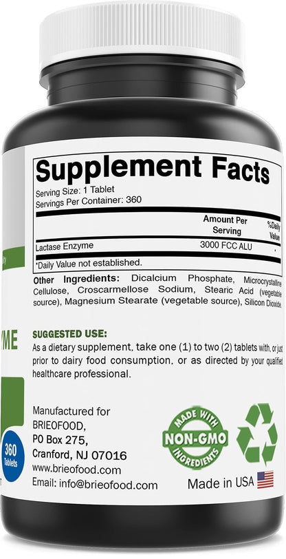 Brieofood Lactase Enzyme Pills – 3000 FCC ALU, 360 Tablets, 360 Servings – Non-GMO, Gluten Free