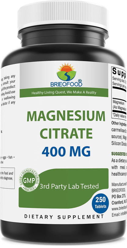 Brieofood Magnesium Citrate 400 mg (Elemental Mg) - 250 Tablets | Muscle Relaxation