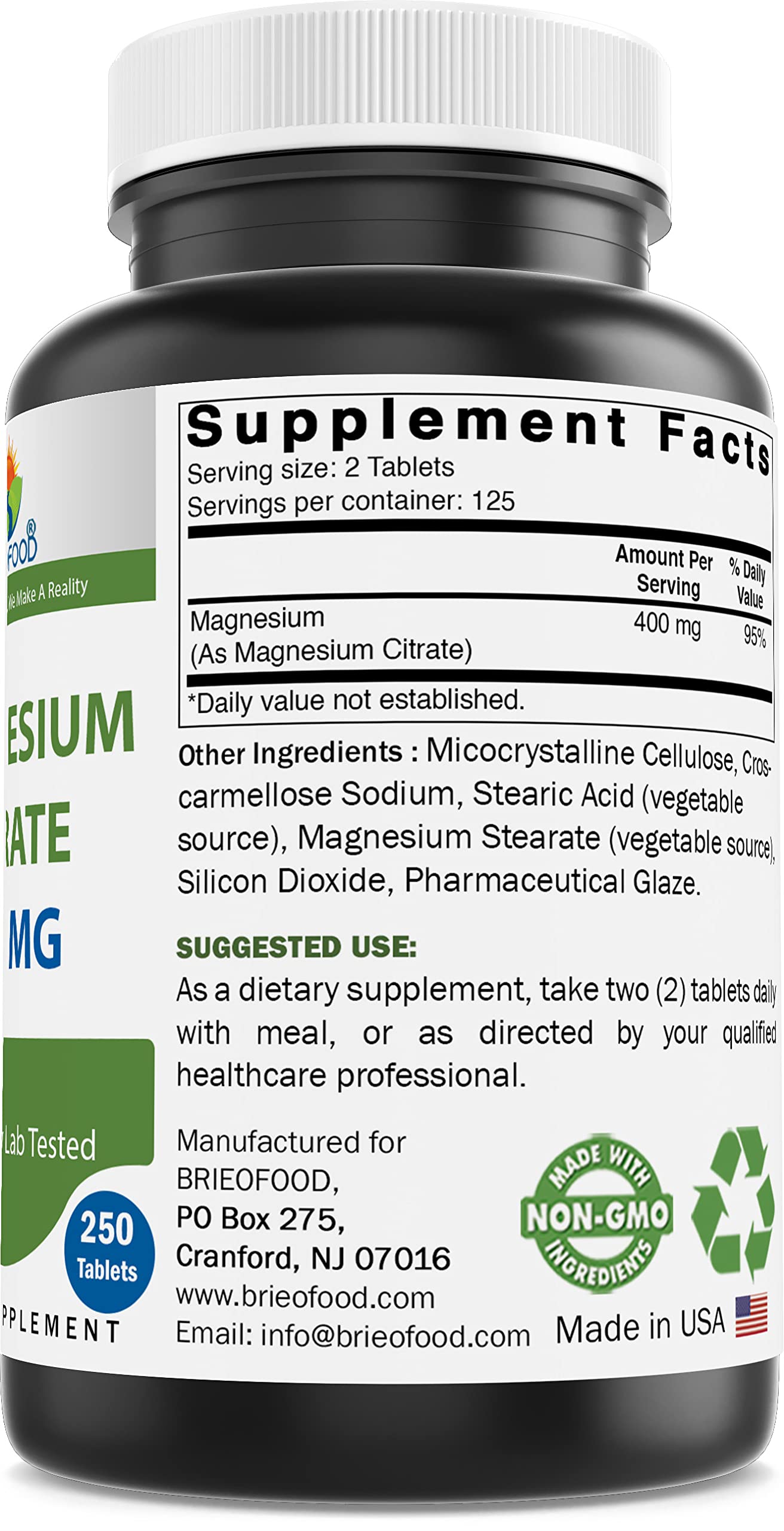 Brieofood Magnesium Citrate 400 mg (Elemental Mg) - 250 Tablets | Muscle Relaxation
