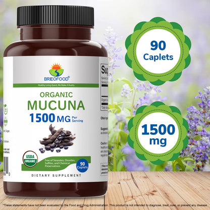Brieofood Organic Mucuna 1500mg, 45 Servings, Vegetarian, Gluten Free, 90 Vegetarian Tablets