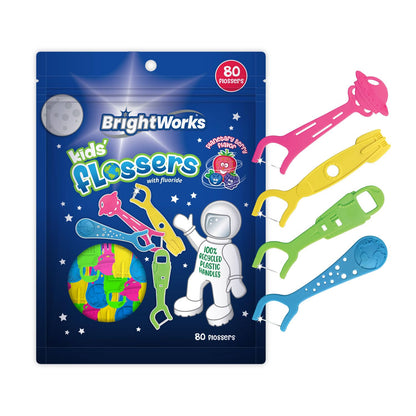 BrightWorks Kids Space Flossers – 240 Total, 80 Count Pack, Mixed Berry, Fluoride, Eco-Friendly