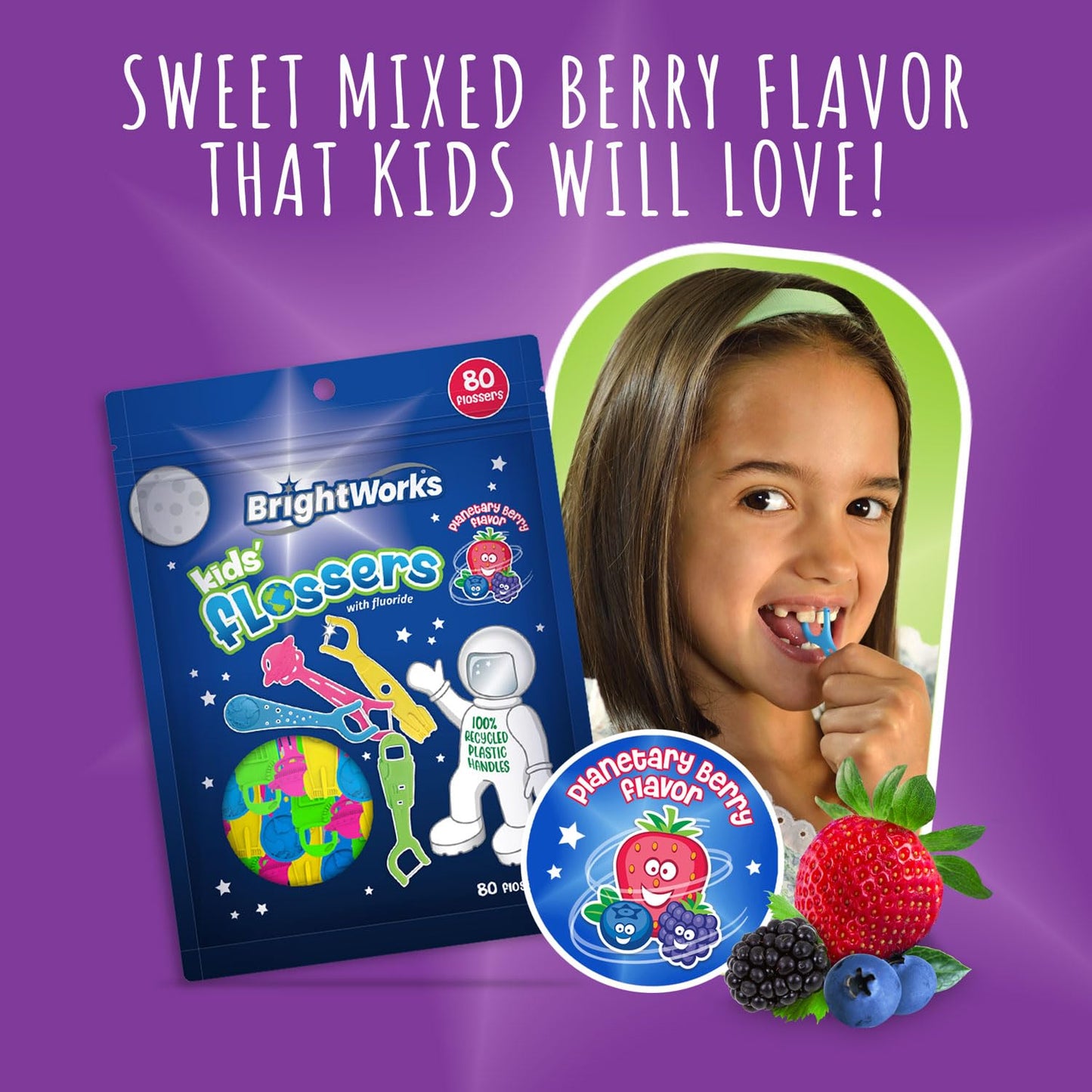 BrightWorks Kids Space Flossers – 240 Total, 80 Count Pack, Mixed Berry, Fluoride, Eco-Friendly