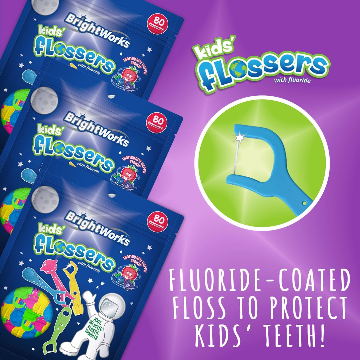 BrightWorks Kids Space Flossers – 240 Total, 80 Count Pack, Mixed Berry, Fluoride, Eco-Friendly