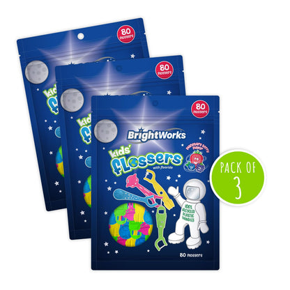 BrightWorks Kids Space Flossers – 240 Total, 80 Count Pack, Mixed Berry, Fluoride, Eco-Friendly