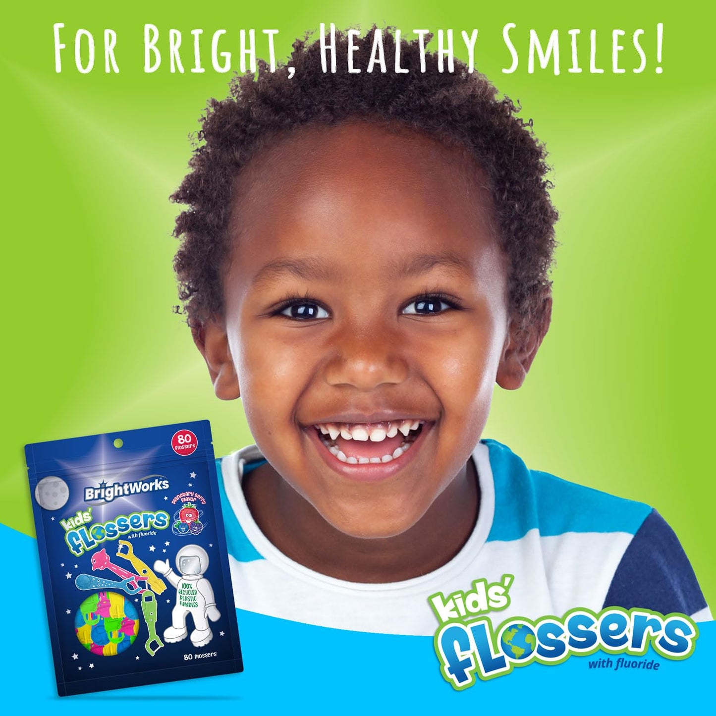 BrightWorks Kids Space Flossers – 240 Total, 80 Count Pack, Mixed Berry, Fluoride, Eco-Friendly