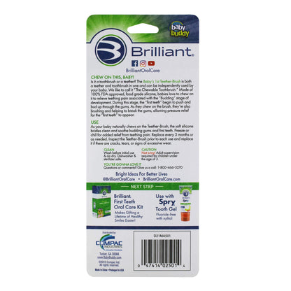 Brilliant Baby’s First Toothbrush – Smooth Silicone Bristles, 4+ Months, Green & Clear, 2 Pack