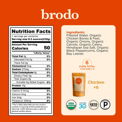 Brodo Organic Chicken Bone Broth with Collagen — Low Sodium, Protein-Rich (4x25 oz Pouches)
