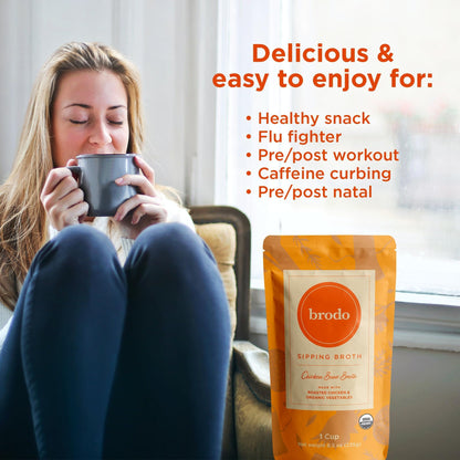 Brodo Organic Chicken Bone Broth with Collagen — Low Sodium, Protein-Rich (4x25 oz Pouches)