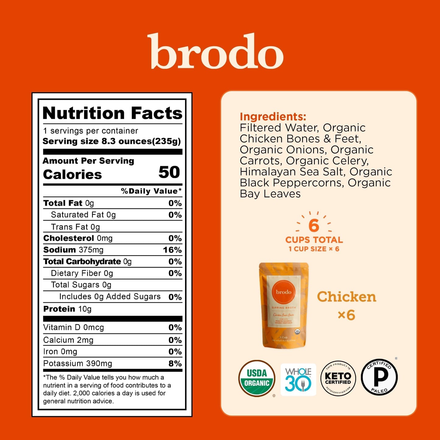 Brodo Organic Chicken Bone Broth with Collagen — Low Sodium, Protein-Rich (4x25 oz Pouches)