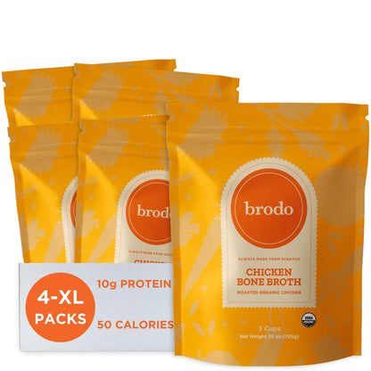 Brodo Organic Chicken Bone Broth with Collagen — Low Sodium, Protein-Rich (4x25 oz Pouches)