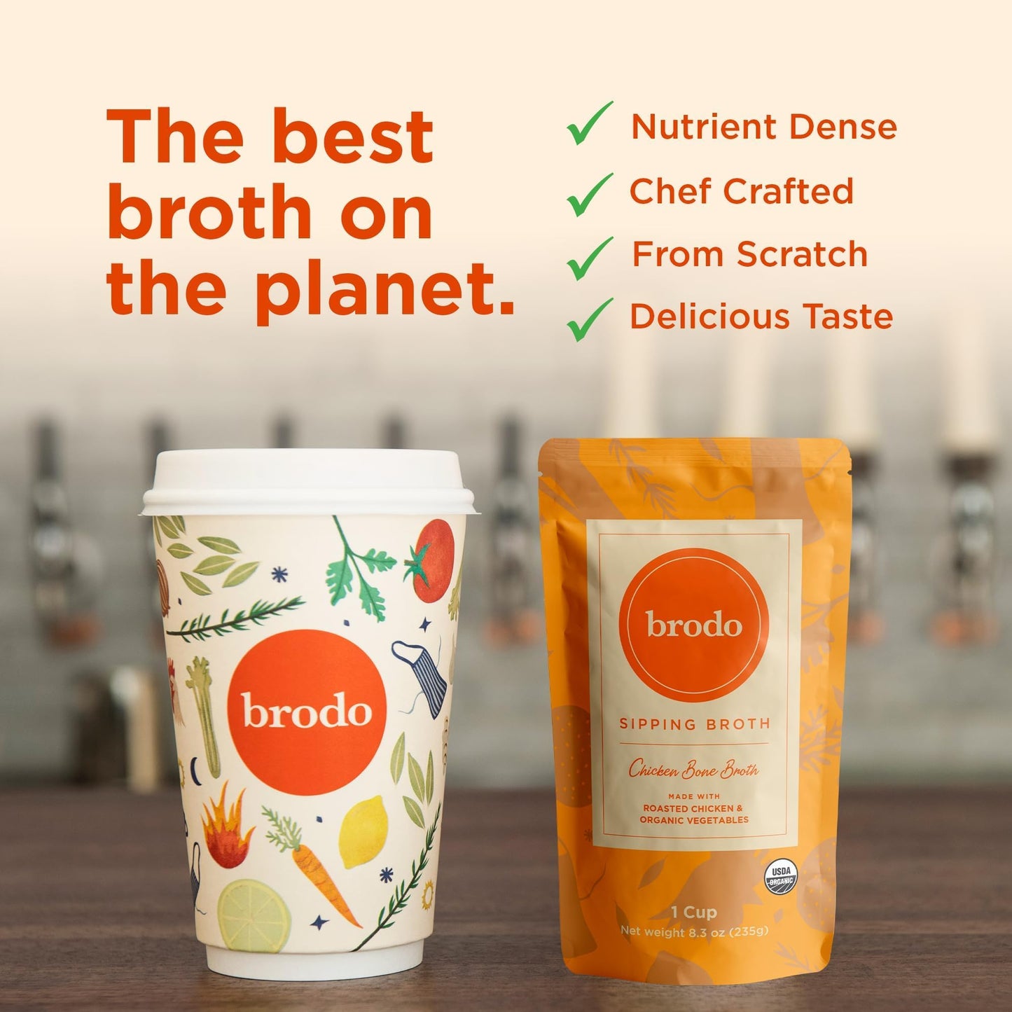 Brodo Organic Chicken Bone Broth with Collagen — Low Sodium, Protein-Rich (4x25 oz Pouches)