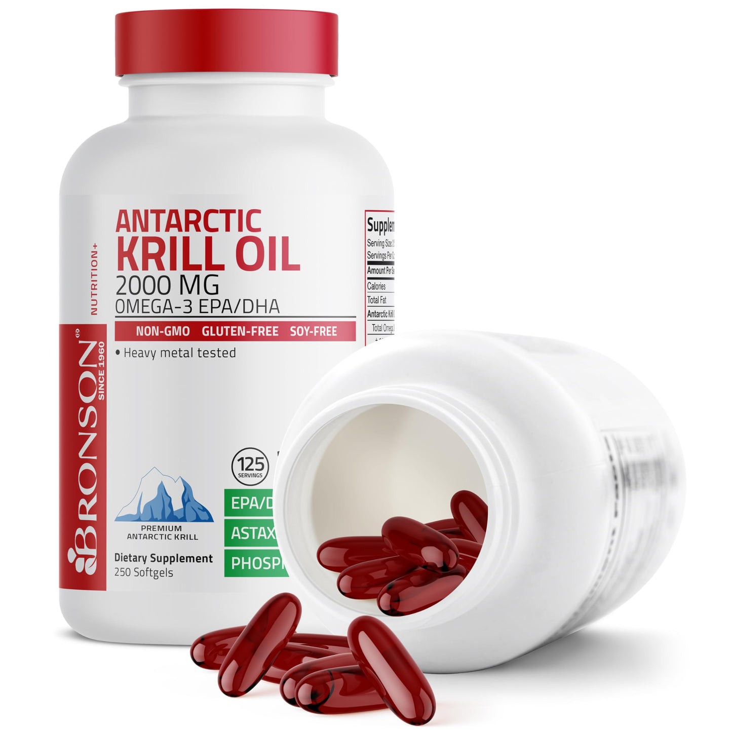 Bronson Antarctic Krill Oil 2000 mg with Omega-3s EPA, DHA, Astaxanthin and Phospholipids - 250 Softgels (125 Servings)