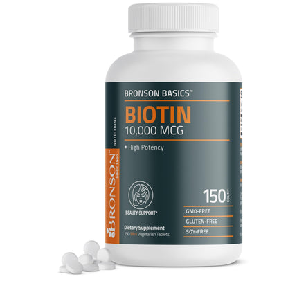 Bronson Biotin 10,000mcg – Hair, Skin & Nails Support | 150 Tablets | Vegetarian, Non-GMO