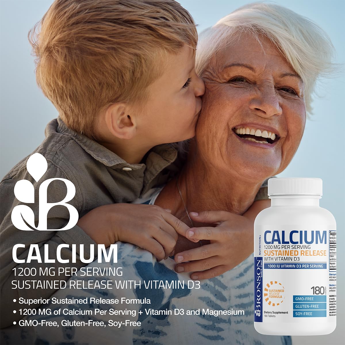 Bronson Calcium 1200 mg Sustained Release + Vitamin D3 1000 IU | Non-GMO | 180 Tablets