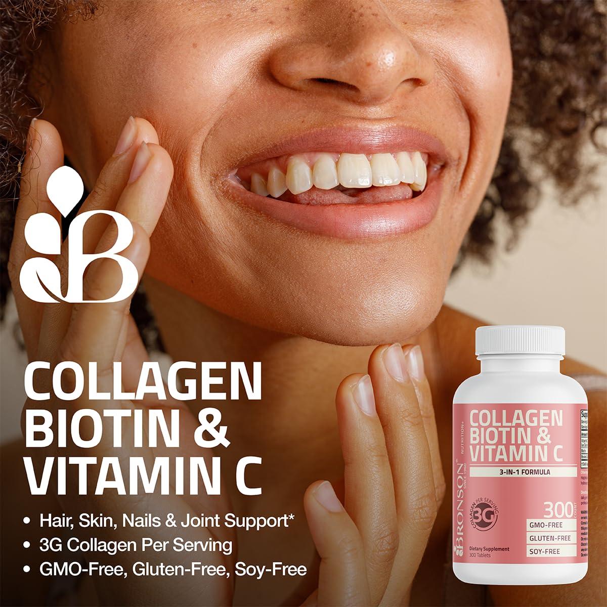 Bronson Collagen Peptides 3000mg with Biotin & Vitamin C - Hair, Skin & Nails Support | Non-GMO | 150 Tablets