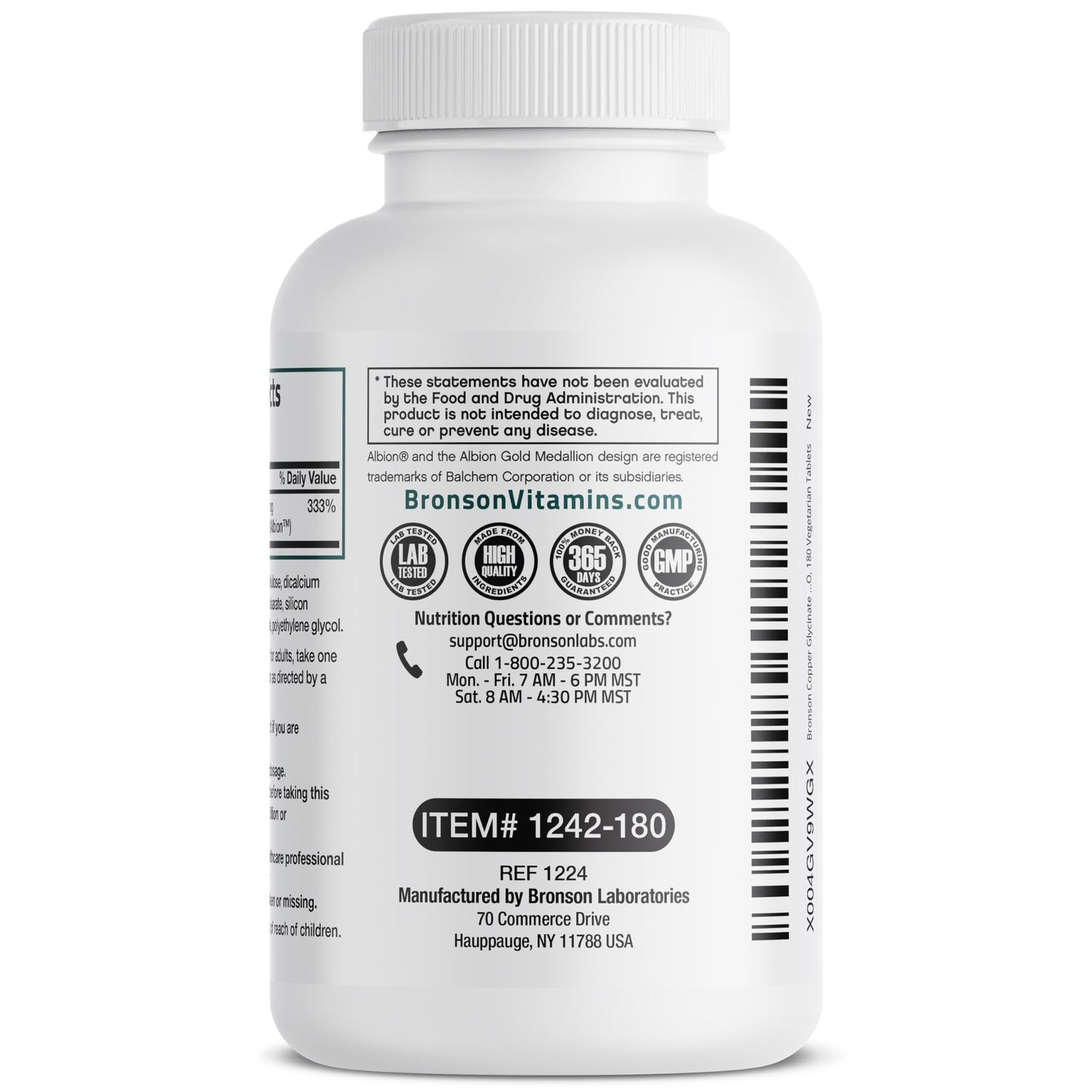 Bronson Copper Glycinate 3 mg Chelated | Non-GMO, 180 Tablets