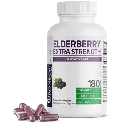 Bronson Elderberry Extra Strength – Immune Support & Antioxidant Protection | 180 Vegetarian Capsules | Non-GMO