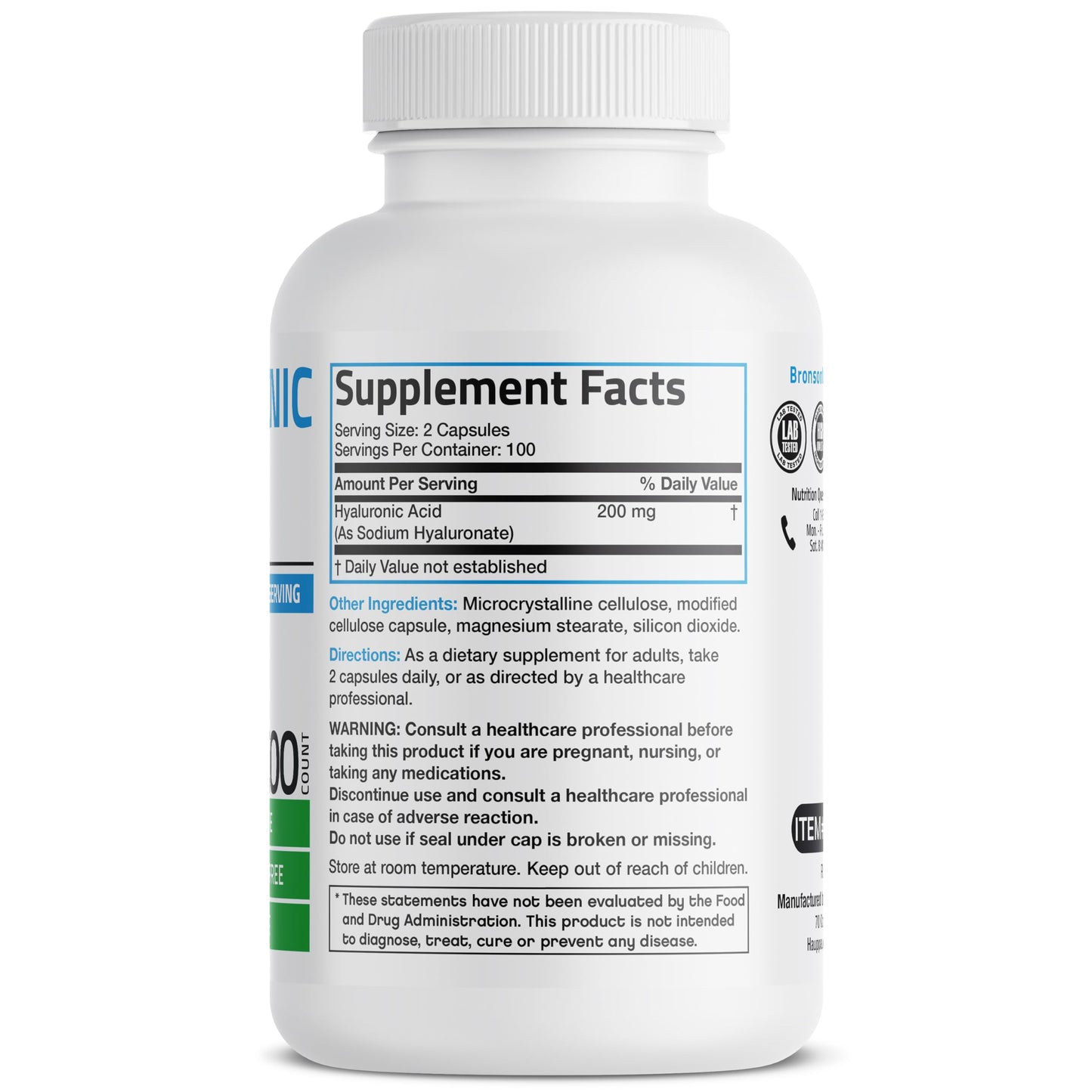 Bronson Hyaluronic Acid 200 mg – High Potency Joint & Skin Support | Non-GMO | 200 Vegetarian Capsules