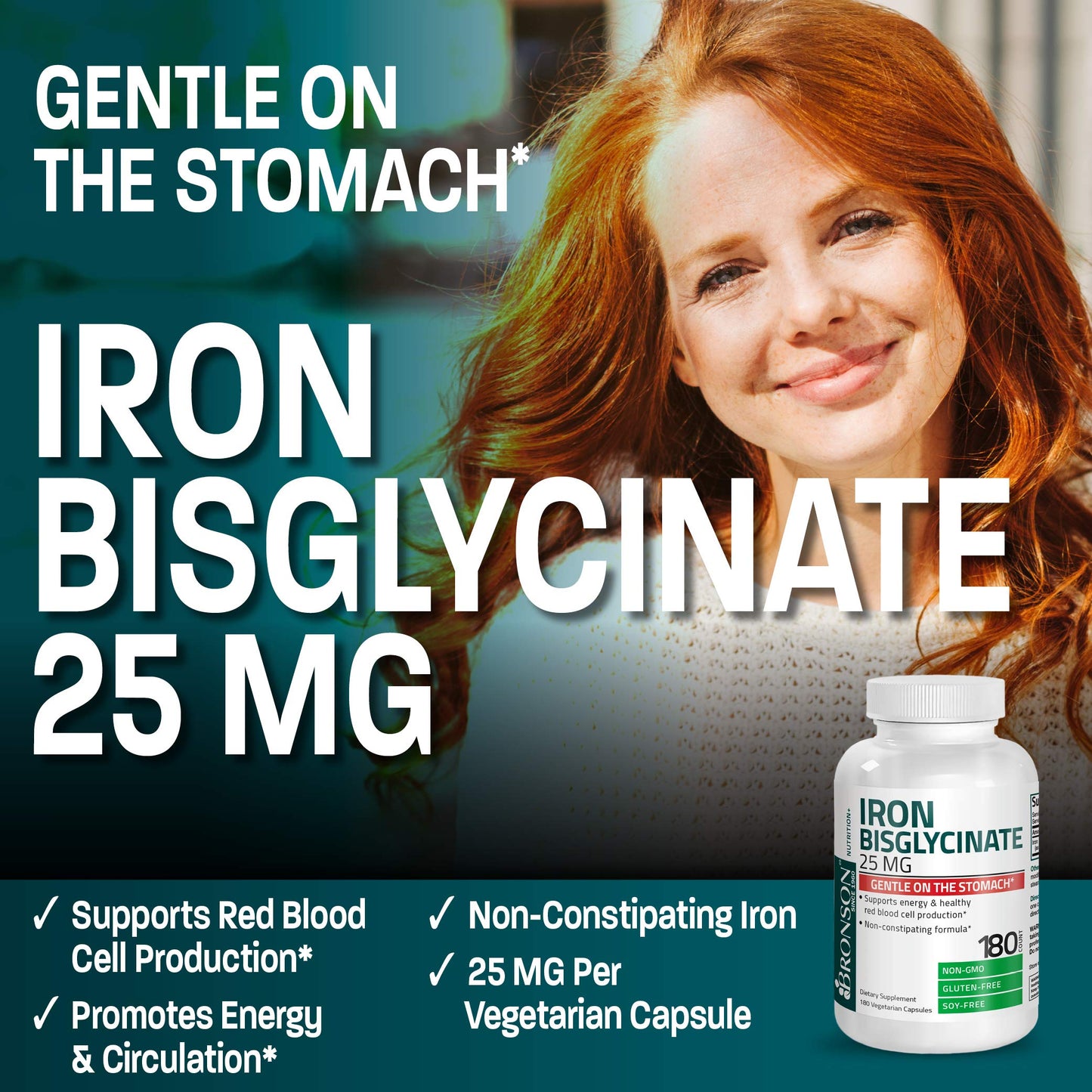 Bronson Iron Bisglycinate 25 mg – Gentle on the Stomach, Non-Constipating • 180 Vegetarian Capsules