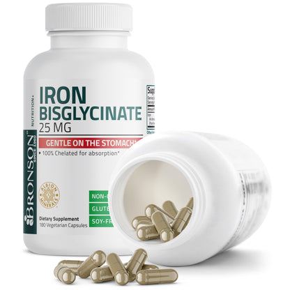 Bronson Iron Bisglycinate 25 mg – Gentle on the Stomach, Non-Constipating • 180 Vegetarian Capsules