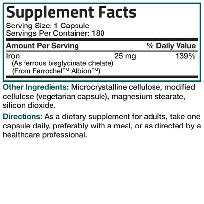 Bronson Iron Bisglycinate 25 mg – Gentle on the Stomach, Non-Constipating • 180 Vegetarian Capsules