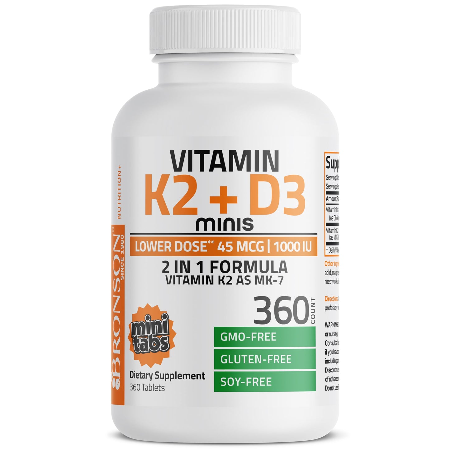 Bronson Vitamin K2 MK-7 with D3 Minis – 45 mcg K2, 1000 IU D3, 360 Mini Tablets