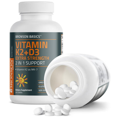 Bronson Vitamin K2 (MK-7) with D3 Extra Strength 2-in-1 – 10,000 IU D3 & 120 mcg K2 MK-7 | 200 Tablets