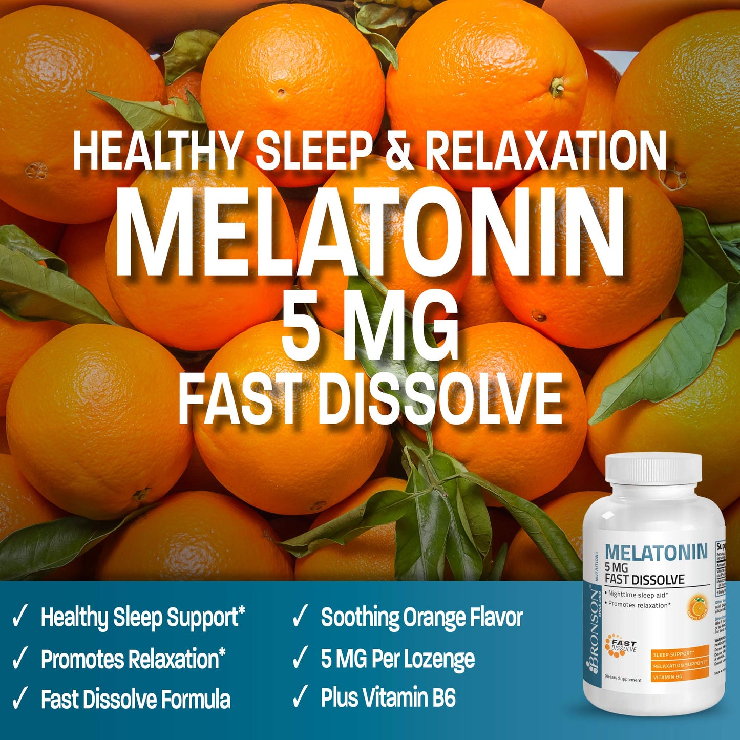 Bronson Melatonin 5mg Fast Dissolve Orange Lozenges with Vitamin B6 - 360 Vegetarian Chewables