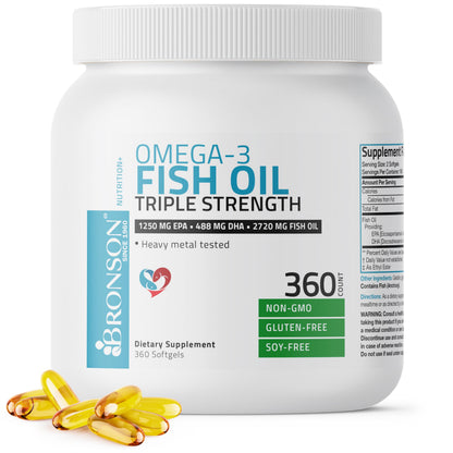Bronson Omega 3 Fish Oil Triple Strength 2720 mg | High EPA 1250 mg & DHA 488 mg | Non-GMO, Heavy Metal Tested | 360 Softgels