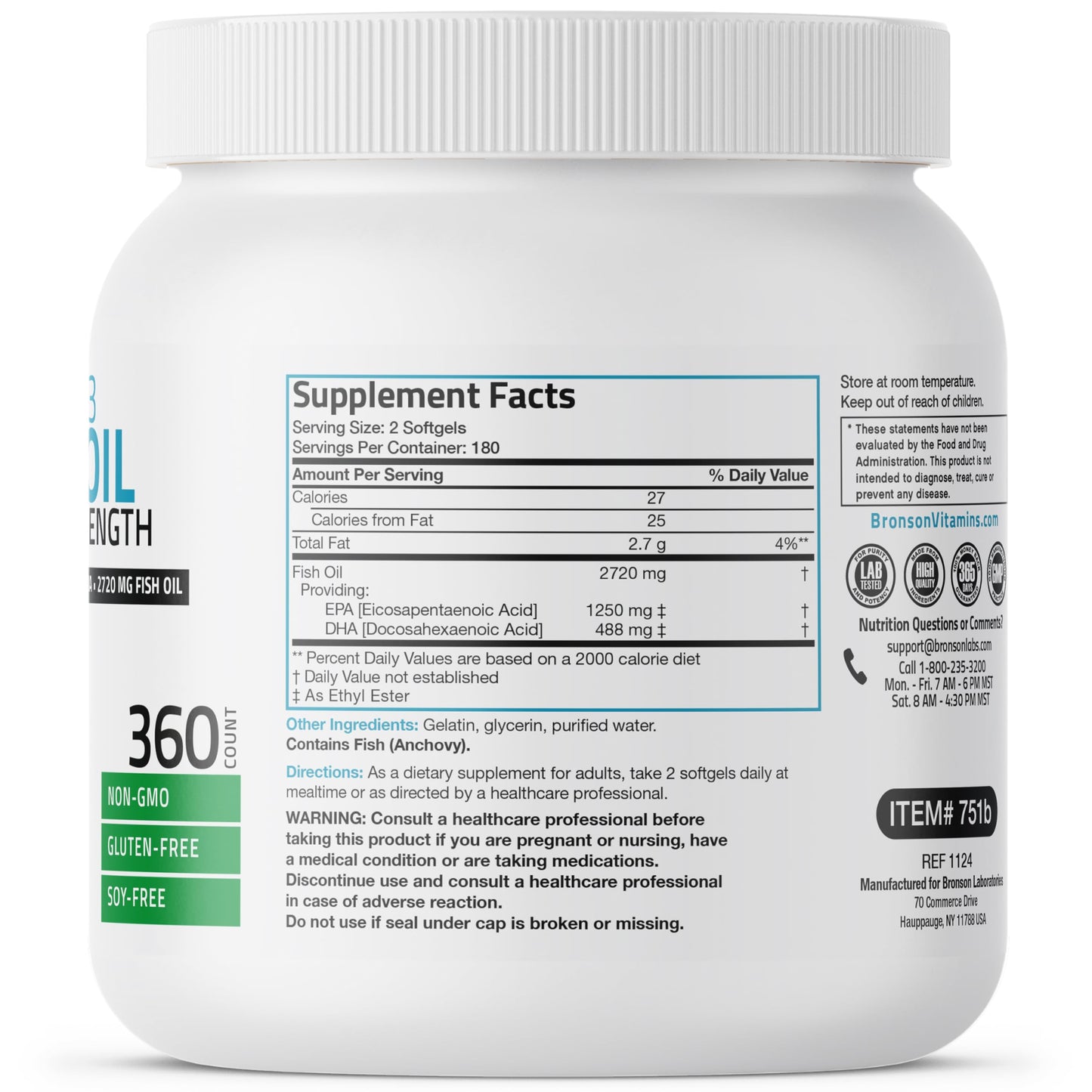 Bronson Omega 3 Fish Oil Triple Strength 2720 mg | High EPA 1250 mg & DHA 488 mg | Non-GMO, Heavy Metal Tested | 360 Softgels