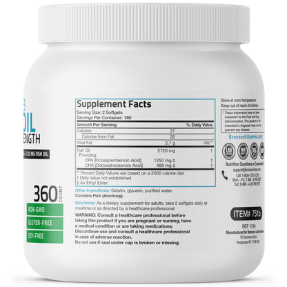 Bronson Omega 3 Fish Oil Triple Strength 2720 mg | High EPA 1250 mg & DHA 488 mg | Non-GMO, Heavy Metal Tested | 360 Softgels
