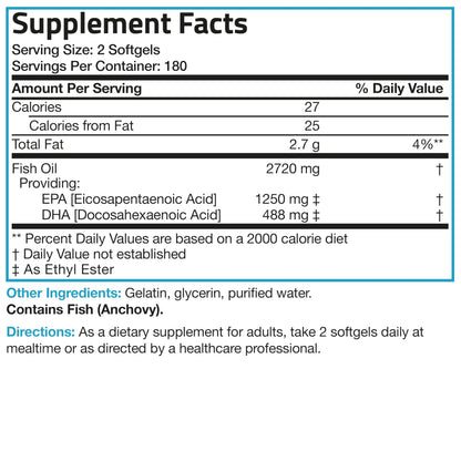 Bronson Omega 3 Fish Oil Triple Strength 2720 mg | High EPA 1250 mg & DHA 488 mg | Non-GMO, Heavy Metal Tested | 360 Softgels