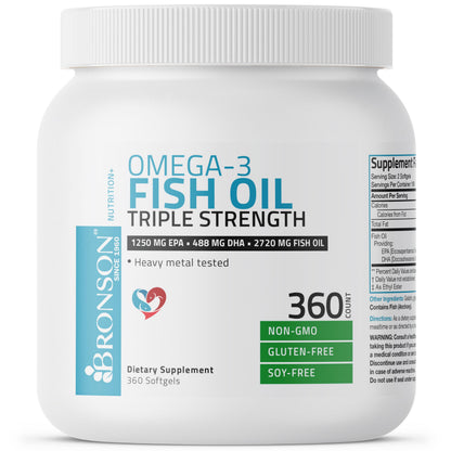Bronson Omega 3 Fish Oil Triple Strength 2720 mg | High EPA 1250 mg & DHA 488 mg | Non-GMO, Heavy Metal Tested | 360 Softgels