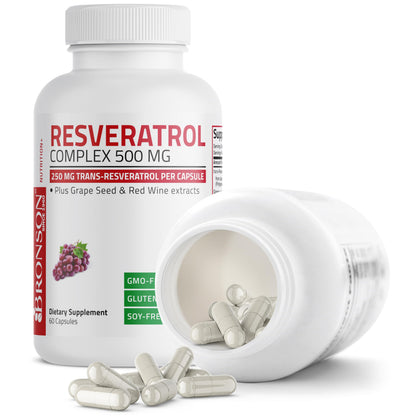 Bronson Resveratrol 500 Complex - Trans-Resveratrol + Grape Seed & Red Wine Extract, 60 Capsules