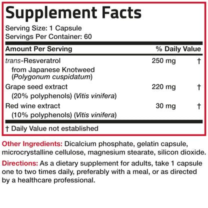 Bronson Resveratrol 500 Complex - Trans-Resveratrol + Grape Seed & Red Wine Extract, 60 Capsules