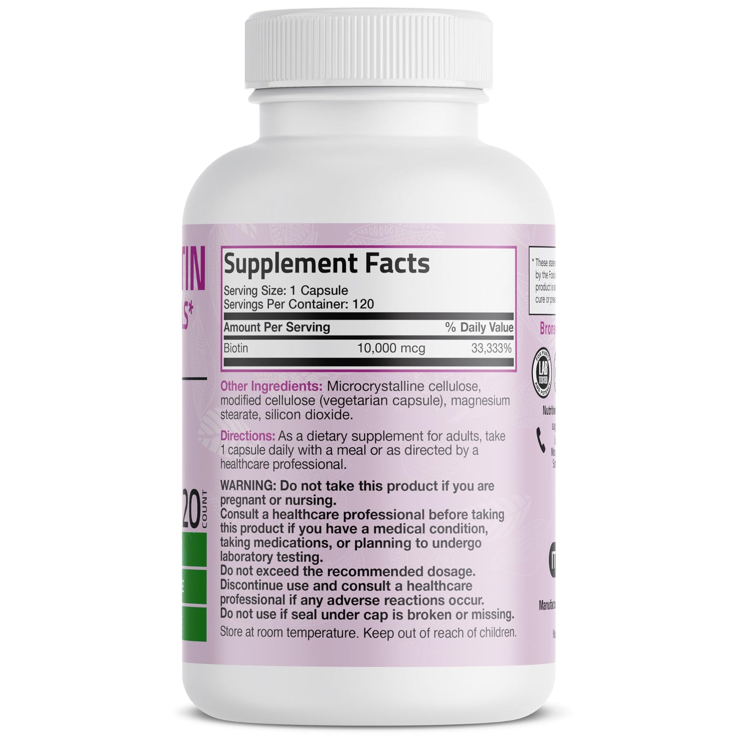Bronson Ultra Biotin 10,000 mcg – Hair, Skin & Nails, Non-GMO, 120 Veg Capsules