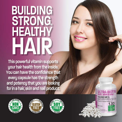 Bronson Ultra Biotin 10,000 mcg – Hair, Skin & Nails, Non-GMO, 120 Veg Capsules