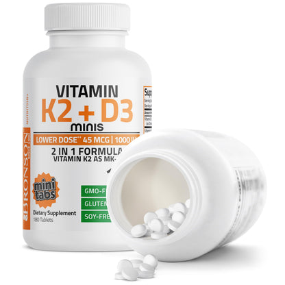 Bronson Vitamin K2 MK-7 with D3 Minis (180 Mini Tablets) - 45 mcg K2, 1000 IU D3