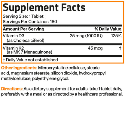 Bronson Vitamin K2 MK-7 with D3 Minis (180 Mini Tablets) - 45 mcg K2, 1000 IU D3