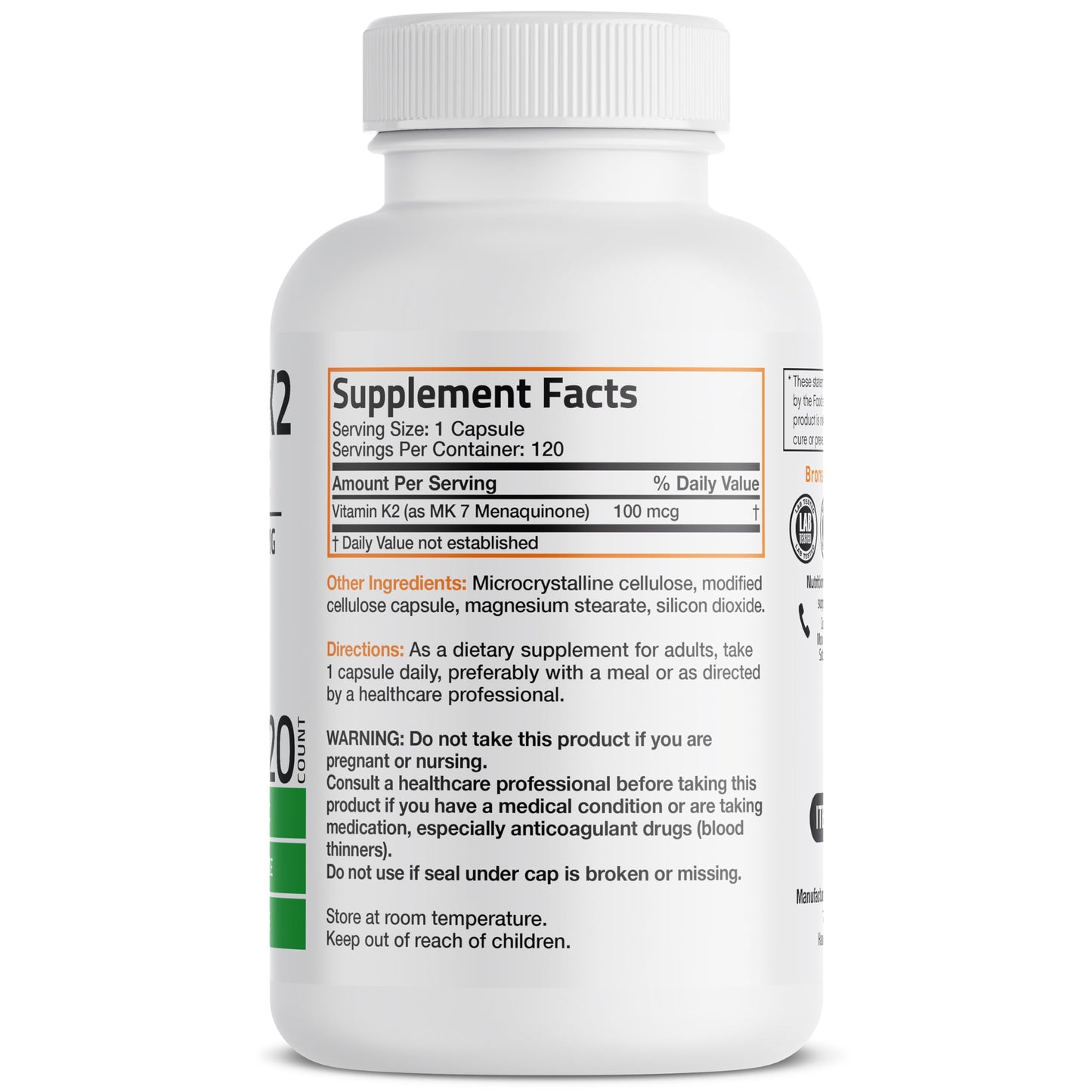 Bronson Vitamin K2 MK-7 Menaquinone 100 mcg – Non-GMO, 120 Capsules