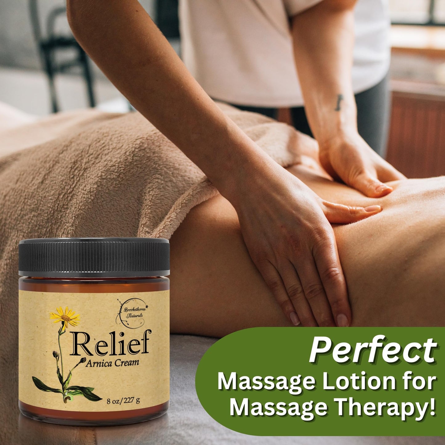 Relief Arnica Cream – All-Natural Massage Lotion with Lemongrass, Eucalyptus & Rosemary | Brookethorne Naturals