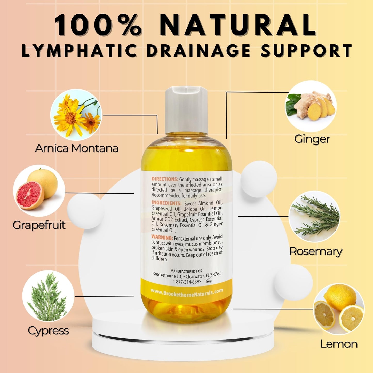 Lymphatic Massage Oil | 100% Natural, Arnica, Lemon & Ginger | 8oz | Brookethorne Naturals