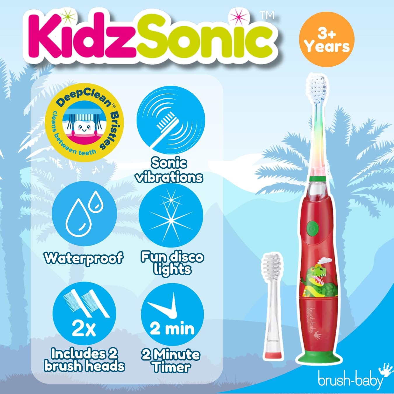 brush-baby KidzSonic Dinosaur Kids Electric Toothbrush (3+) – Disco LED Lights, Gentle Sonic Vibrations, 2-Minute Smart Timer & 30-Second Pulse Reminders – AAA Battery Included